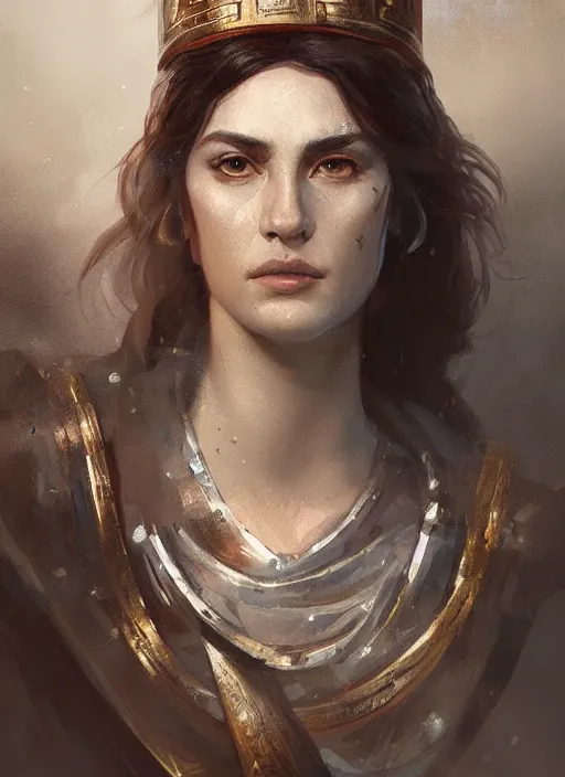 Prompt: A portrait of a beautiful greek warrior queen in the style of Greg Rutkowski, in style of Charles Sillem Lidderdale, artstation, high quality art