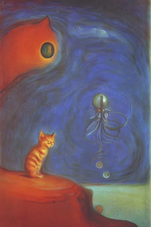 Image similar to tiny kitten meets a colossal space monster, oil painting by Edvard Munch, Zdzislaw Beksinski