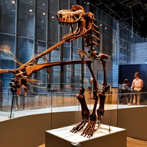 Image similar to the skeleton of a dachshund tyrannosaurus rex in a museum. Tourists are looking