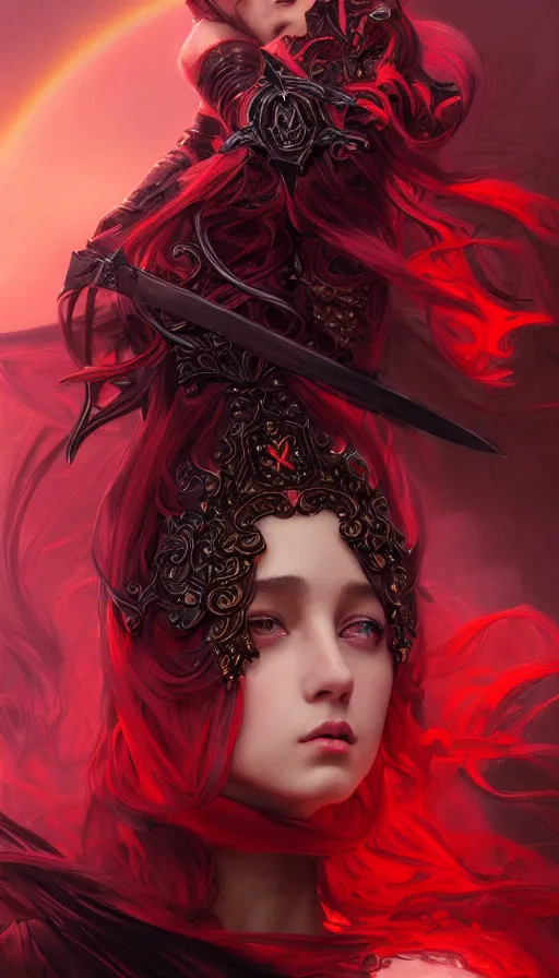 Prompt: portrait of magical paladin , dark fantasy, gradient red black, dreamy and ethereal, (colour) eyes, peaceful expression, ornate frilly dress, fantasy, intricate, elegant, rainbow bubbles, highly detailed, digital painting, artstation, concept art, smooth,b sharp focus, illustration, art by artgerm and greg rutkowski and alphonse mucha