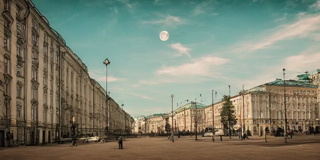 Prompt: cinematic street shot of a antigravity saint petersburg city in the moon, orbit city, telephoto, anamorphic cinematography, beautiful composition, color theory, leading lines, photorealistic, moody volumetric lighting