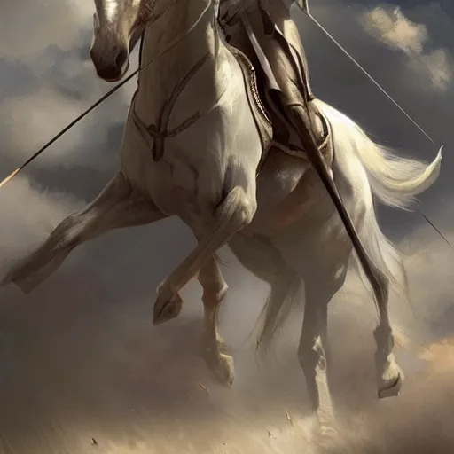 Image similar to a white horse The one who rode him carried arrows and a bow in his hand, and they gave him a crown, digital Art, Greg rutkowski Trending artstation