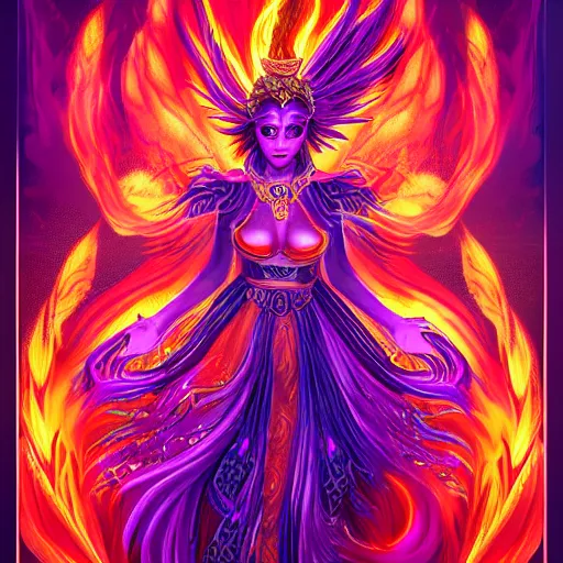 Image similar to Beautiful portrait of a glowing purple & red phoenix goddess, with flames and smoke in her hair, surrounded by orange flames, Major arcana card tarot card, extremely high detail, intricate details, 8k octane rendered, litmus reflective dramatic lighting anime vibes