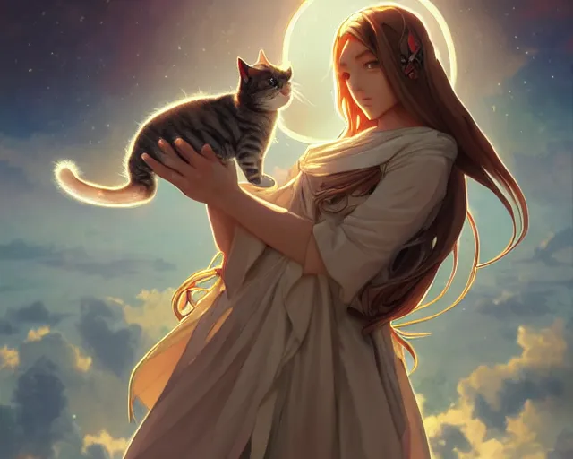 Image similar to photography of jesus christ being a cute anime cat girl, deep focus, d & d, fantasy, intricate, elegant, highly detailed, simple background, digital painting, artstation, concept art, matte, sharp focus, illustration, hearthstone, art by artgerm and greg rutkowski and alphonse mucha