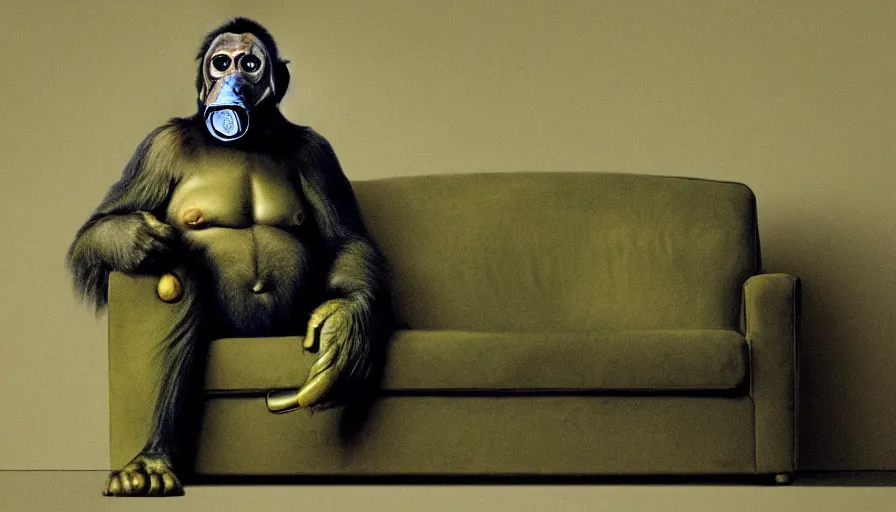 Prompt: great ape wearing a gas mask sitting on a couch, in the style of gregory crewdson