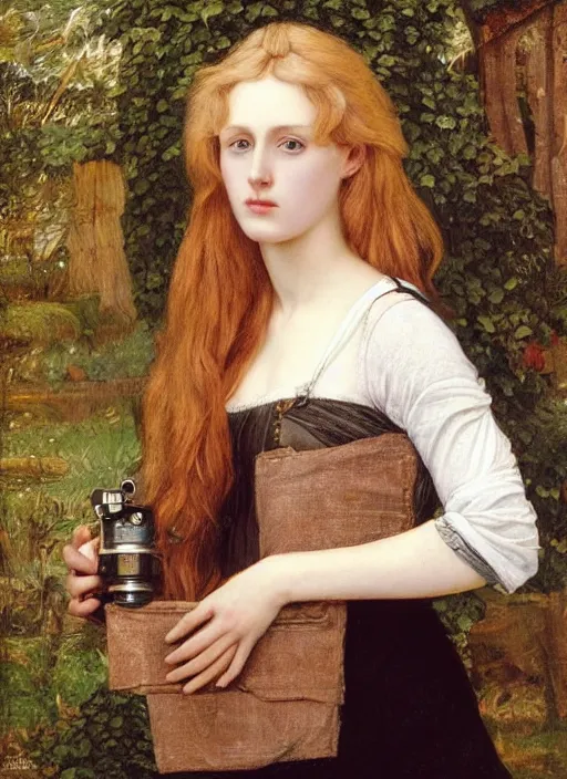 Prompt: Pre-Raphaelite young beautiful blond-hair woman holding a camera