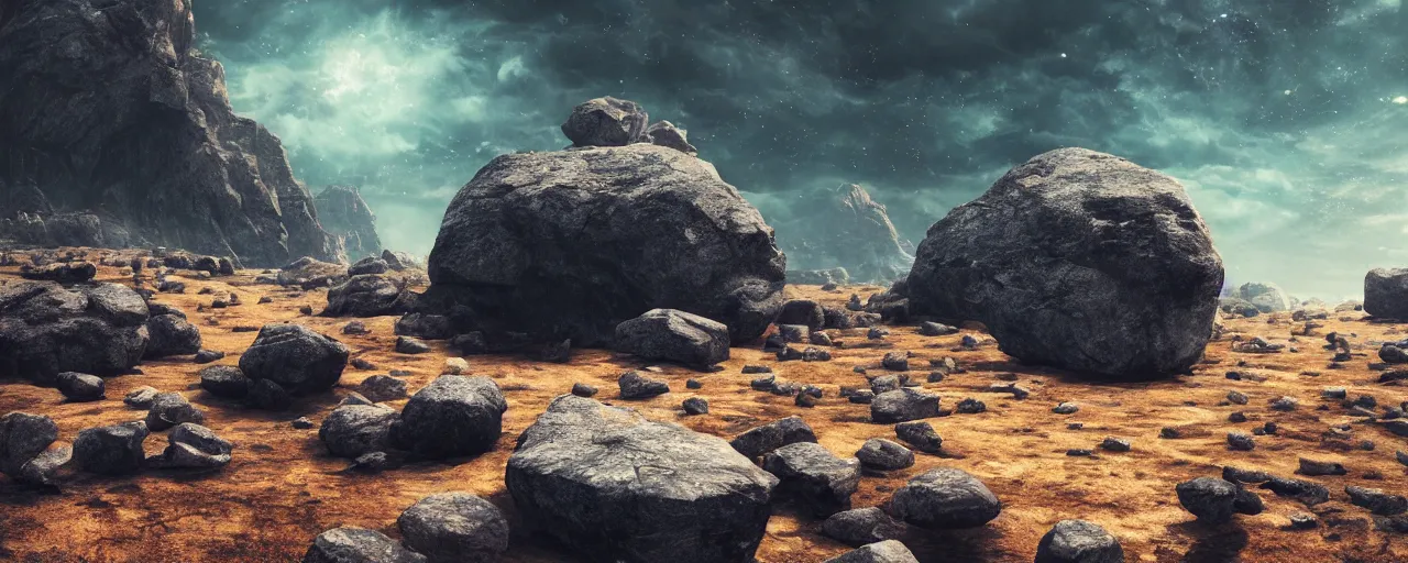 Prompt: ” rocky asteroid, [ by wlop, cinematic, detailed, epic, widescreen, opening, establishing, mattepainting, photorealistic, realistic textures, octane render ] ”