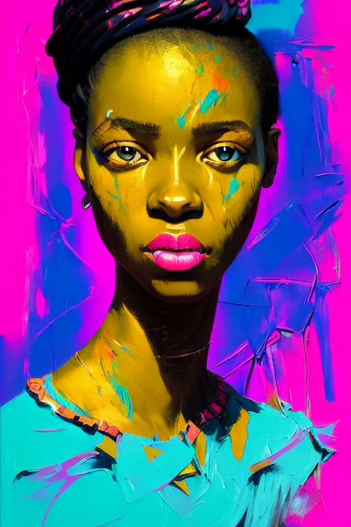 Image similar to portrait of a stylized african young lady, painted in acrylic, pigment textures, wet paint, in the colors hot pink and cyan, beautiful realistic face, rule of thirds, spotlight, by greg rutkowski, by jeremy mann, by francoise nielly, by van gogh, by ross tran, in focus