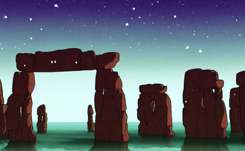 Prompt: a cell - shaded studio ghibli concept art study of a square dimensional portal doorway in a flooded monument valley stonehenge on a misty starry night. water is flowing out of the portal. very dull colors, hd, 4 k, hq