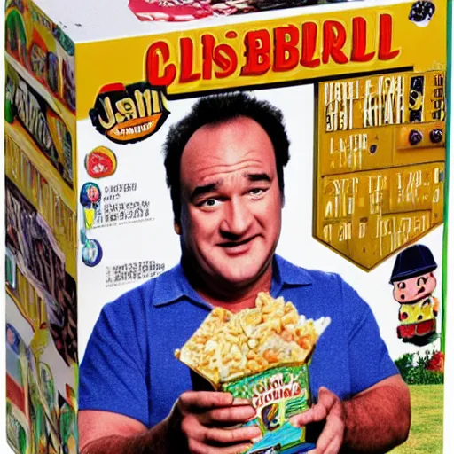 Prompt: jim belushi cereal box for little lardos