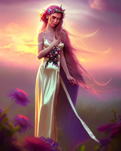 Image similar to photo of elf in long satin evening dress, flowers in hair, fantasy character portrait, soft clouds, floral sunset, ultra realistic, concept art, intricate details, cinematic, highly detailed