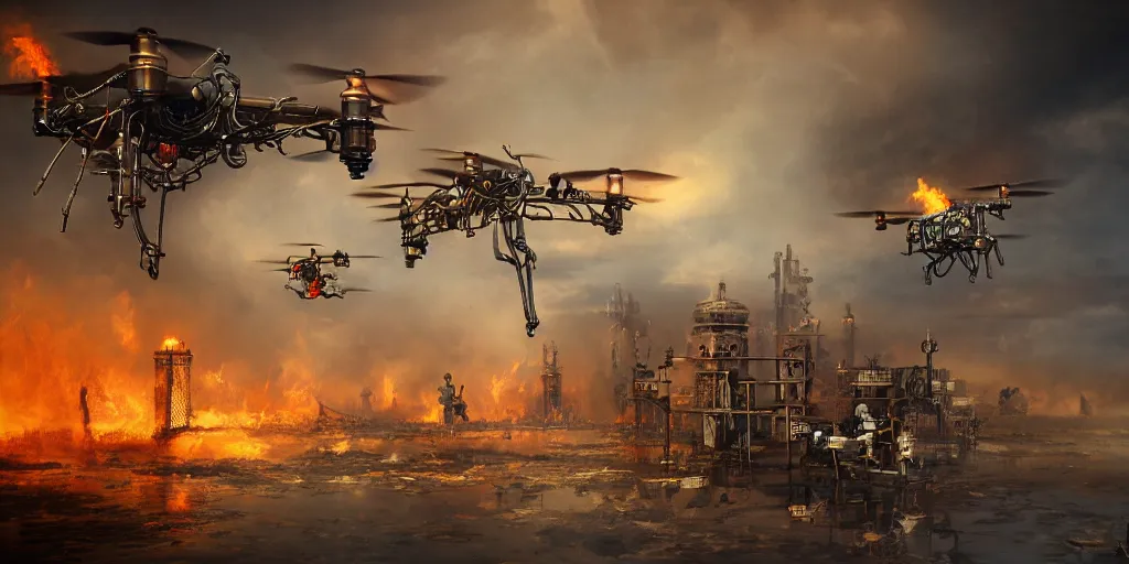 Image similar to steampunk drones putting out a fire with water, digital art, matte painting, artstation, concept art