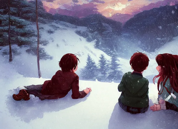 Prompt: a boy and a girl with long flowing auburn hair sitting together on the porch of a cabin on a mountain overlooking a snowy landscape. Atmospheric lighting, romantic, boy and girl, cold lighting, snowy. By Makoto Shinkai, Stanley Artgerm Lau, WLOP, Rossdraws, James Jean, Andrei Riabovitchev, Marc Simonetti, krenz cushart, Sakimichan, D&D trending on ArtStation, digital art.