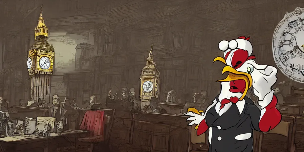 Prompt: a foghorn leghorn hyper chicken lawyer wearing a white t shirt representing a duck in court, steampunk, london, big ben, clock, dishonored, stylized, 8 k, uhd.