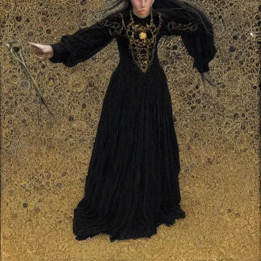 Image similar to portrait of a witch, dressed in black clothes embroidered with gold, by donato giancola and berthold woltze.