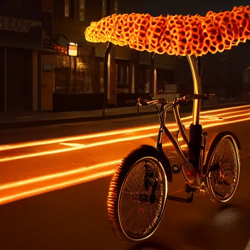 Image similar to a bycycle made of cheeto, cinematic lighting, hd 4 k photo