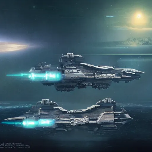 Prompt: futuristic, dreadnaught, battleship, concept art, by neil blevins