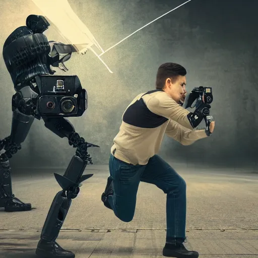 Prompt: fight between armed futuristic highly detailed robot and realistic sad modern white man photographer holding vintage photocamera, robot killing man, full body, clean background, high detailing, action, postmodern, colored, volumetric light