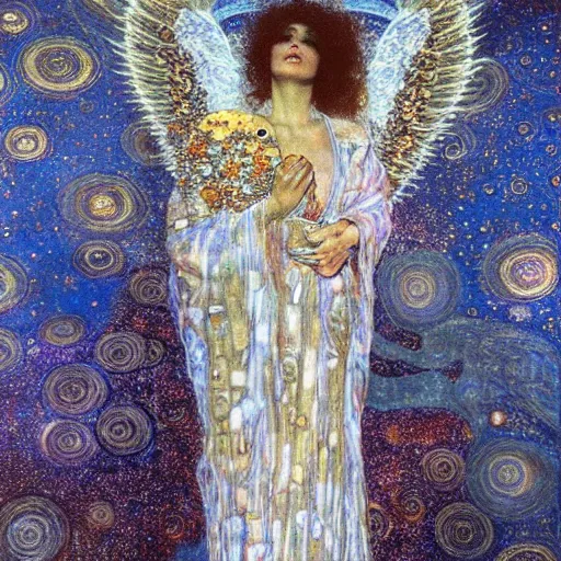 Image similar to dreamy angel, in the cosmos, 🌫🌌 intricate long shelve robes, intricate detail, klimt, royo,