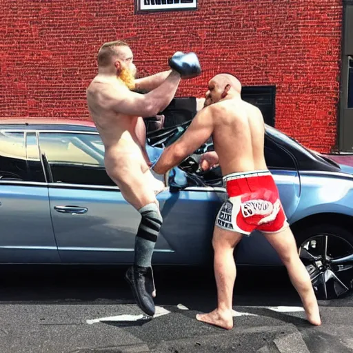 Image similar to a car wrestling conor mcgregor