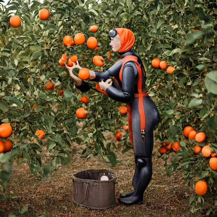 Image similar to a closeup portrait of a woman wearing a vintage diving suit, picking oranges from a tree in an orchard, foggy, moody, photograph, by vincent desiderio, canon eos c 3 0 0, ƒ 1. 8, 3 5 mm, 8 k, medium - format print