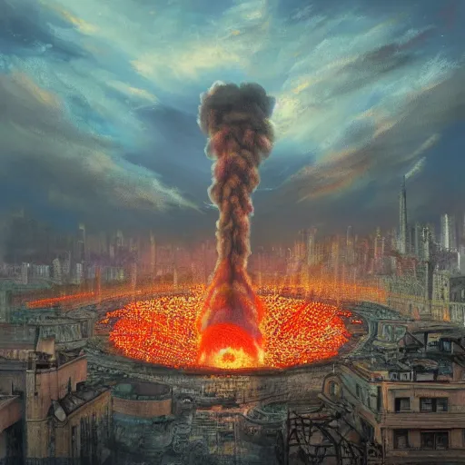 Prompt: nuclear bomb exploding in the center of a city, detailed 1 9 2 0 ’ s colored pencil, highly detailed, highly accurate, deep aesthetic, 8 k, highly ornate intricate details, cinematic lighting, rich colors, ray tracing, hyperrealistic, photorealistic, cinematic landscape, trending on artstation,