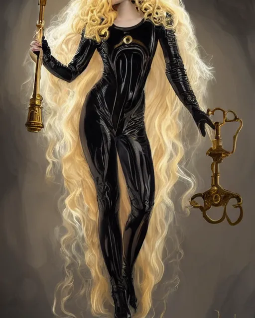 Prompt: Lucius as an androgynous albino prince in a black gilded obsidian bodysuit, long fluffy golden blonde curly hair, symmetrical center parted curtain bangs, digital painting, sci-fi setting, symmetrical features, Daniel Gerhartz, high detail intricate, artstation, WLOP, Artgerm, J. Scott Campbell; Olivia De Berardinis, Daniel Gerhartz, jack kirby, mysterious vibes