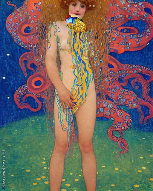 Image similar to a beautiful girl underwater wearing a colourful octopus as a dress and surrounded by glowing jellyfish, painted by gustave klimt, edgar maxence, edward hopper, wayne barlowe, james gilleard and james jean