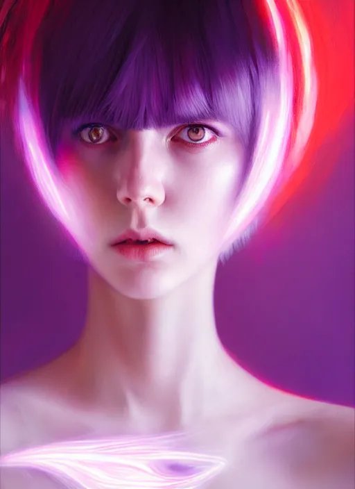 Image similar to hair whitebangs hair, white hair, whitebangsblackhair, portrait of teenage girl with white bangs, red irises, purple clothes, intricate, elegant, glowing lights, highly detailed, digital painting, artstation, concept art, sharp focus, illustration, art by wlop, mars ravelo and greg rutkowski