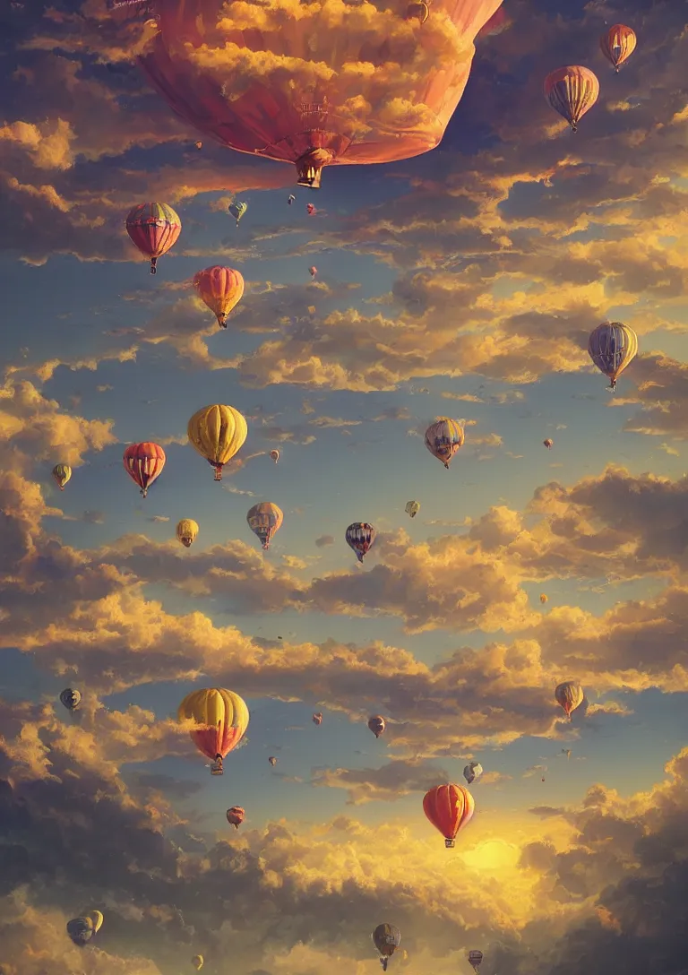 Prompt: beautiful hyper realistic detailed matte painting of sky full of colorful hot air balloons, hd, hdr, by Moebius and John Howe and Albert Bierstadt and Alena Aenami, ultra detailed, high resolution