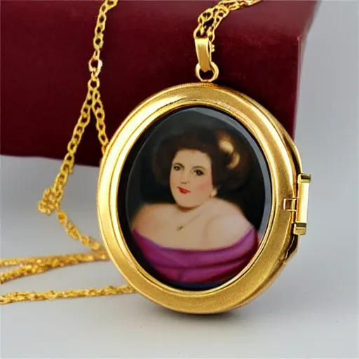 Image similar to open golden locket pendant with a retro photo of an elegant and aesthetic woman portrait, hanging from a closed hand.