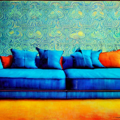 Image similar to psychedelic couch sofa costa blanca, designed by arnold bocklin, jules bastien - lepage, tarsila do amaral, wayne barlowe and gustave baumann, cheval michael, trending on artstation, mediterranean, star, sharp focus, colorful refracted sparkles and lines, soft light, 8 k 4 k