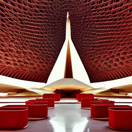 Image similar to interior of a futuristic lotus temple with gold, red and white marble panels, in the desert, by buckminster fuller and syd mead, intricate contemporary architecture, photo journalism, photography, cinematic, national geographic photoshoot