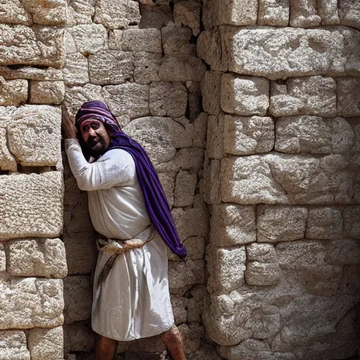 Prompt: 40 year old Mediterranean skinned man in ancient Canaanite clothing building a broken wall in Jerusalem, layered paper illustrated 2022