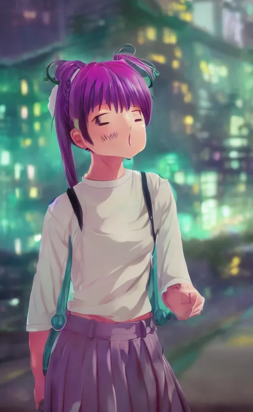 Image similar to anime girl with pink ponytail, wearing purple headphones, wearing a green sweater, with a smile on her face and her eyes closed, walking down a street, dynamic lighting, photorealistic fantasy concept art, trending on art station, stunning visuals, creative, cinematic, ultra detailed