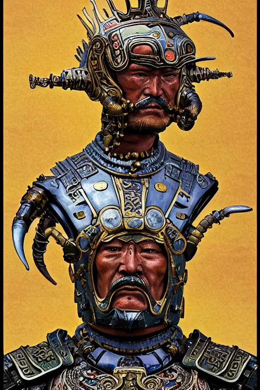 Image similar to a dramatic full-color art nouveau and ironpunk styled bust portrait of genghis khan as a godlike and stoic alien king, with violent conquering eyes, extremely detailed mongolian art nouveau cybernetic armor and an intricately detailed crown of cosmic power, perfectly symmetrical mongol facial structure and framework, handsome yet brutal alien facial characteristics, by michael kaluta, michael whelan and travis charest, dark sci-fantasy, deeply ornate complexity, alien-human hybrid male face and bust, sci-fi character concept, photorealism, art nouveau framing, stunning lighting, hyperrealism, 8k