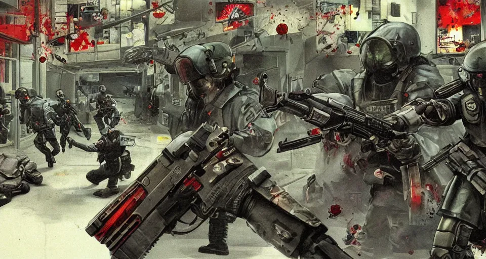 Prompt: 1996 Video Game Concept Art for Neo-tokyo Cyborg bank robbers vs police, Set inside of Office, Multiplayer set-piece Ambush, Tactical Squads :10, Police officers under heavy fire, Suppressive fire, Pinned down, Destructible Environments, Gunshots, Headshot, Bullet Holes and Anime Blood Splatter, :10 Gas Grenades, Riot Shields, MP5, AK45, MP7, P90, Chaos, Anime Machine Gun Fire, Gunplay, Shootout, :14 FLCL + Akira, Cel-Shaded:15, Created by Katsuhiro Otomo + Studio Gainax + Trending on Artstation: 20