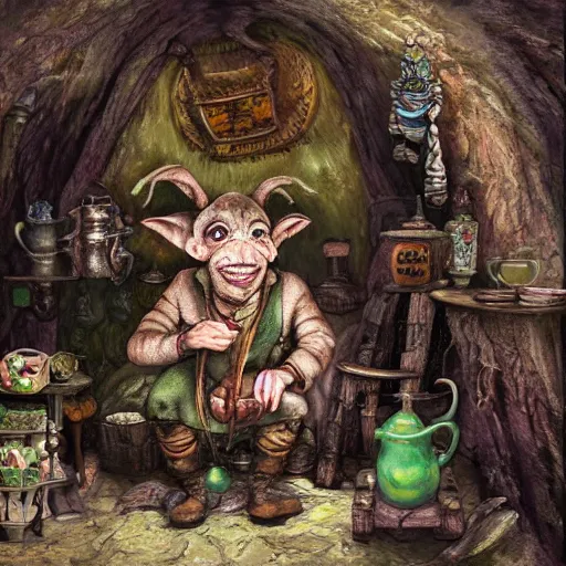 Prompt: goblin tea merchant in his grotto, realistic fantasy painting, cinematic