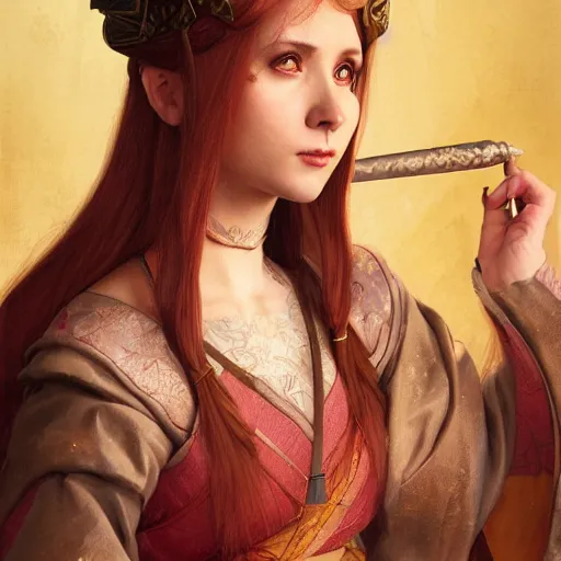 Image similar to a highly detailed portrait of buffy the vampire slayer as a medieval chinese prince, beautiful detail and color, art by john collier and albert aublet and krenz cushart and artem demura and alphonse mucha, volumetric lighting, octane render, 4 k resolution, trending on artstation, masterpiece