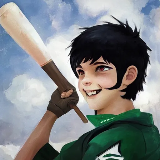 Prompt: a teen boy with black hair and green eyes in a baseball uniform clutching a baseball bat while smiling. Kuvshinov ilya. Geoffroy Thoorens.