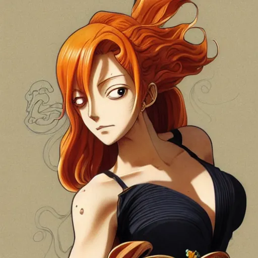 Image similar to intricately detailed vfx portrait of nami from one piece by eiichiro oda, makoto shinkai, alphonse mucha, art by artgerm and greg rutkowski, best of behance, concept art, matte, sharp focus, opulent, orange hair, elegant, adolphe bouguereau, annie leibovitz, stanley kubrick,