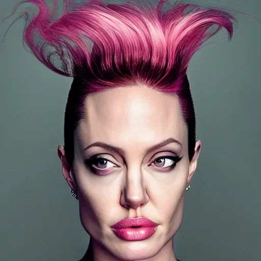 Prompt: portrait of a beautiful 20-year-old Angelina Jolie cyberpunk pink hairstyle serious facial expression by Mario Testino, headshot, detailed, award winning, Sony a7R