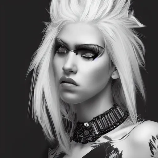 Image similar to epic professional digital art of a young woman with black and white hair looking disgusted away from the camera, Punk, best on artstation, cgsociety, wlop, Behance, pixiv, cosmic, stunning, gorgeous, much detail, much wow, masterpiece