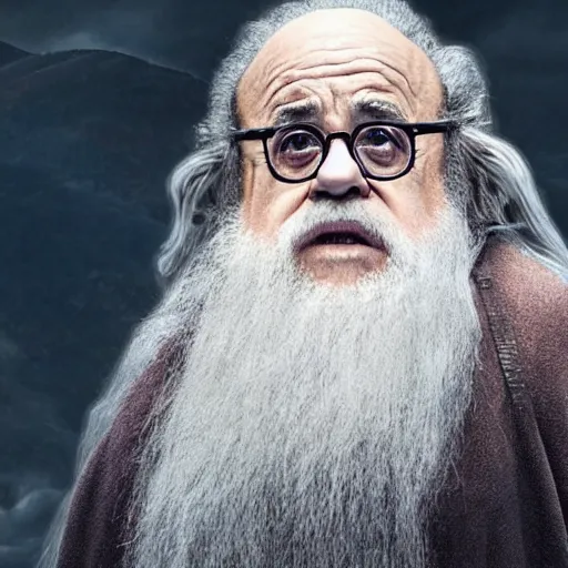 Image similar to movie still of danny devito starring as gandalf the white in the 2 0 2 4 lord of the rings movie, full body, hyper realistic, high quality, wide angle