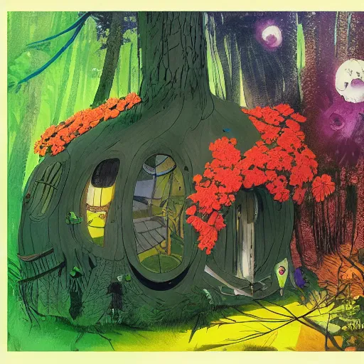 Prompt: A pod home in the forest, bright colors, bloom, cool colors, moody, by Dave mckean and studio ghibli