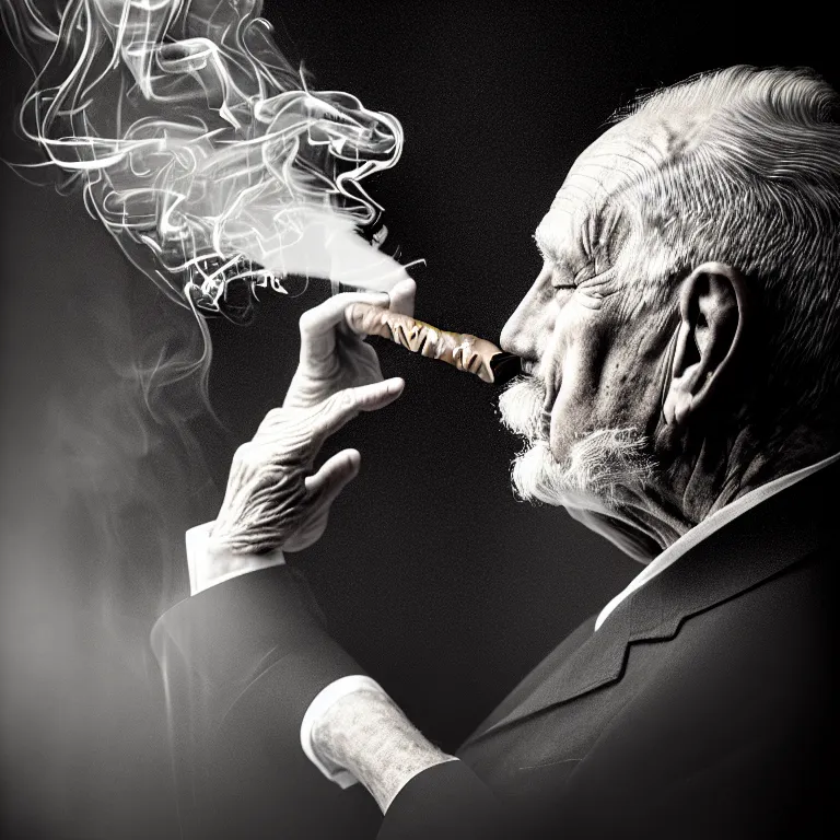 Image similar to a intricately detailed portrait of an old man, smoking a lit perfectly symmetrical cuban cigar, looking at a case of freshly opened monti cristo cigars, cinematic photography, smoke rising like clouds, beautifully symmetrical, super resolution, cgi, trending on art station, volumetric lighting & shadows, hyper detailed, 8 k, unreal engine, canon 2 0 0 mm,