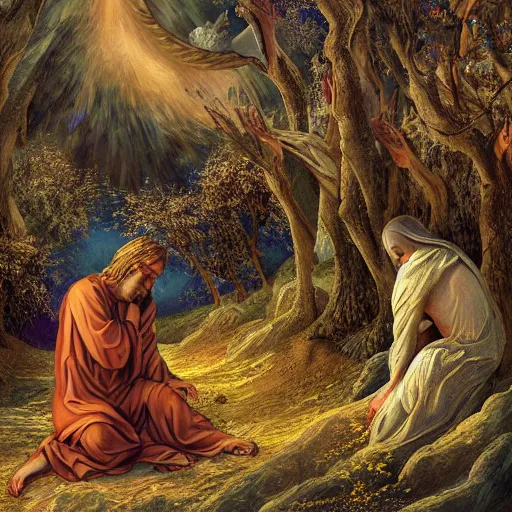 Prompt: Agony in the Garden of Getsemane. Beautiful and sad, digital art, hyper detailed intricate painting