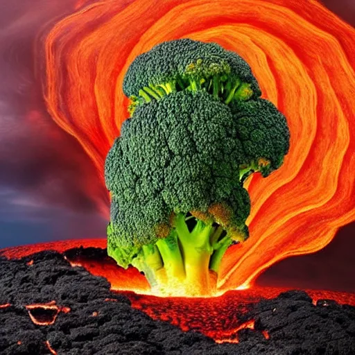 Image similar to A volcanic eruption where instead of lava, broccoli pieces are spied out, fantasy art