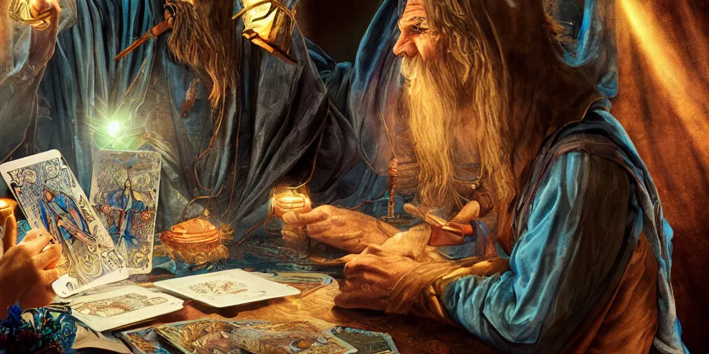 Prompt: wizard performing a tarot reading, cards, fantasy, digital art, soft lighting, 8 k, highly detailed