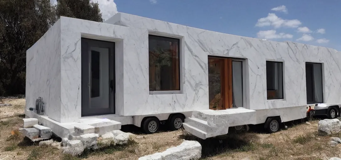 Image similar to greek tiny house on trailer made of marble designed by iktinos and callicrates.